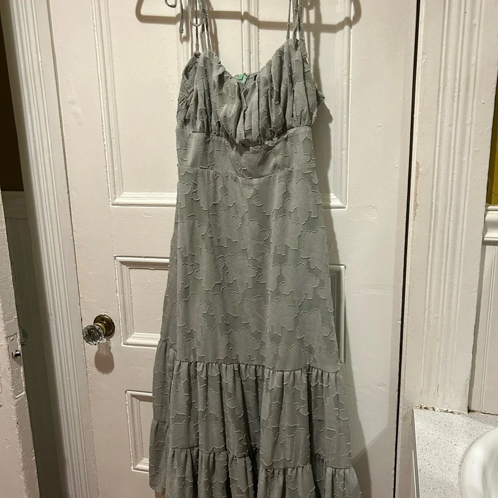 Lulu's Sweet Sentiments Sage Green Jacquard Tiered Midi Dress - Picture 4 of 4